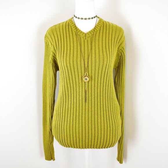 VTG 00s Y2K Conwell Green Ribbed Knit V Neck Long Sleeve Sweater Sz M Grunge - Picture 1 of 6